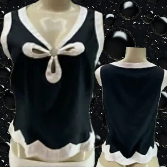 Ice M Black Cream Metal Keyhole Accent V-Neck Scallop Hem Sleeveless Crop Top - Picture 1 of 6